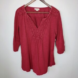 Lucky Brand Top Womens Plus 1X Red Embroidered Flowy Boho Bohemian Casual